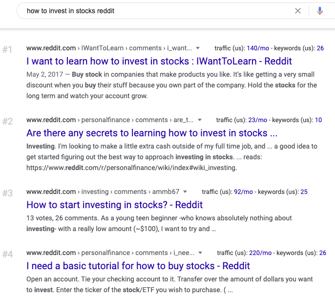 SERP results for "how to invest in stocks reddit" 