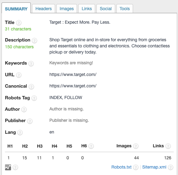 Summary of target.com through the SEO Meta in 1 click extension